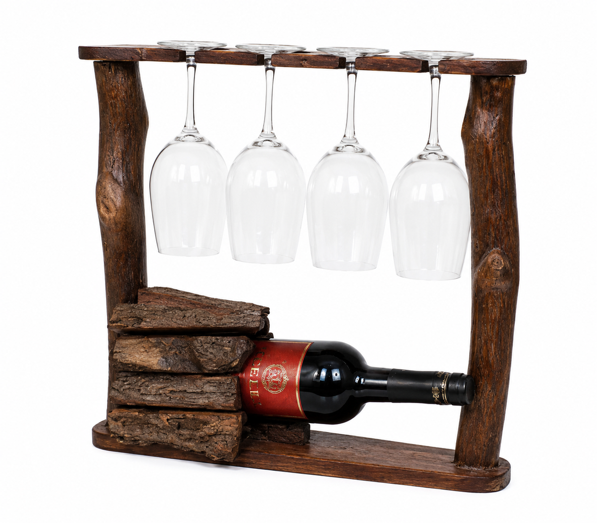 Wooden Wine Bottle And Glass Holder