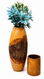 Rustic Wooden Vase with Blue Flowers