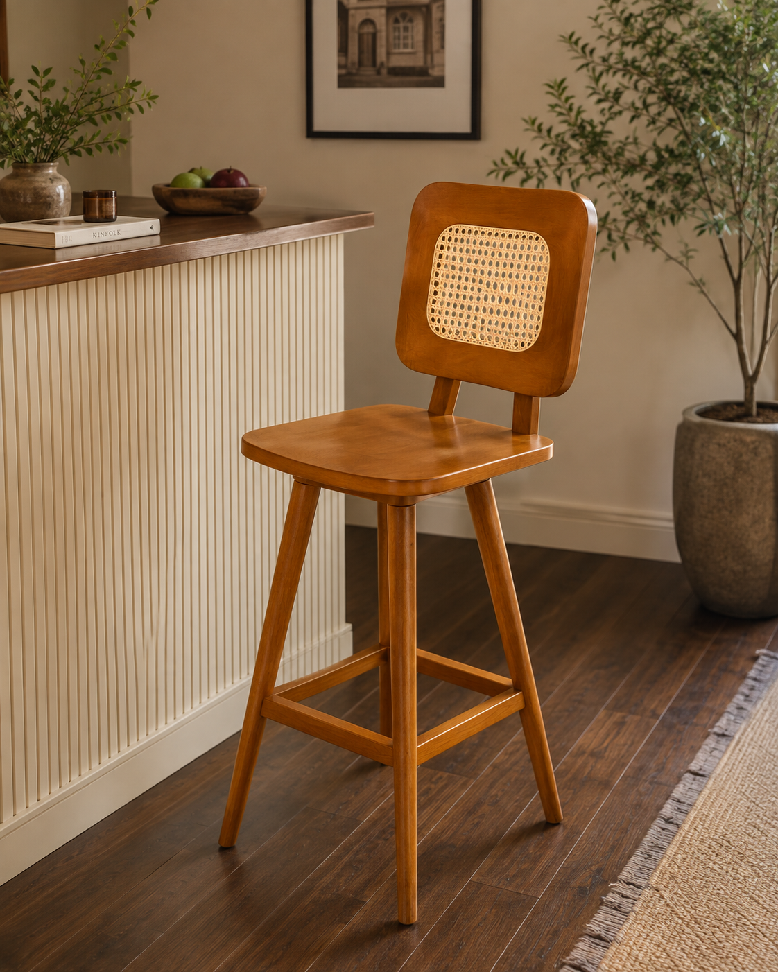Wooden Cane-Back Bar Stool