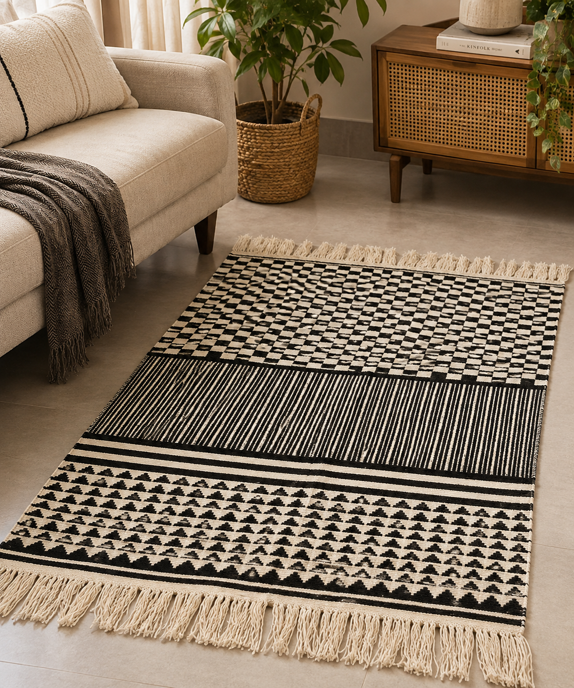 Black & Cream Geometric Handwoven Rug