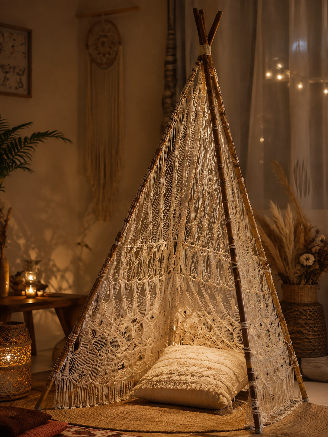 Handcrafted White Cotton Macramé Decorative Boho Teepee