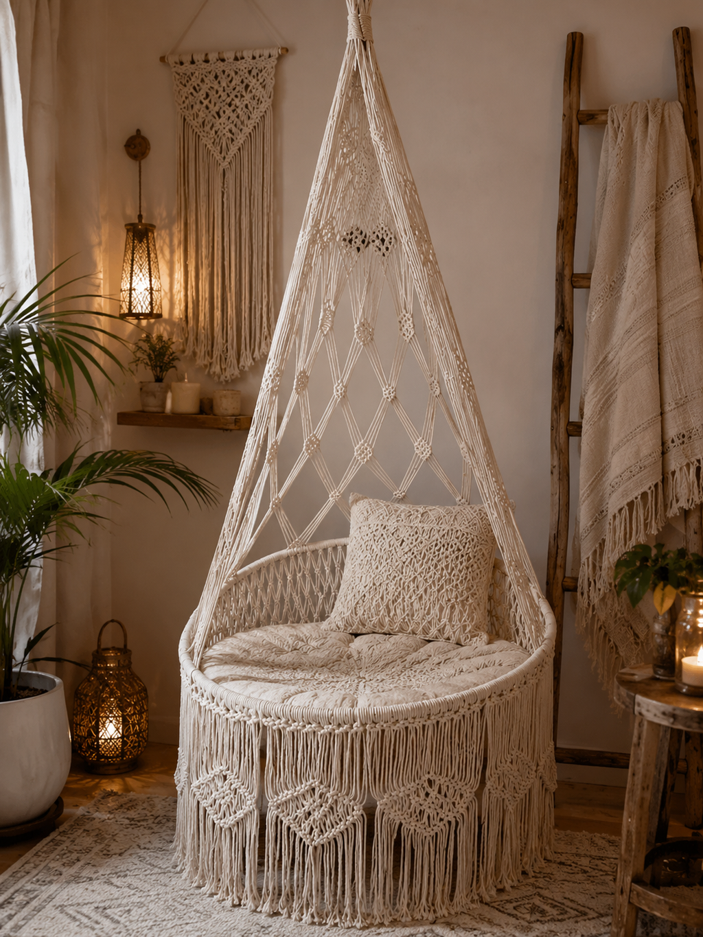 Handcrafted White Cotton Macramé Hanging Chair