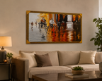 Framed Rainy City Street Oil Painting