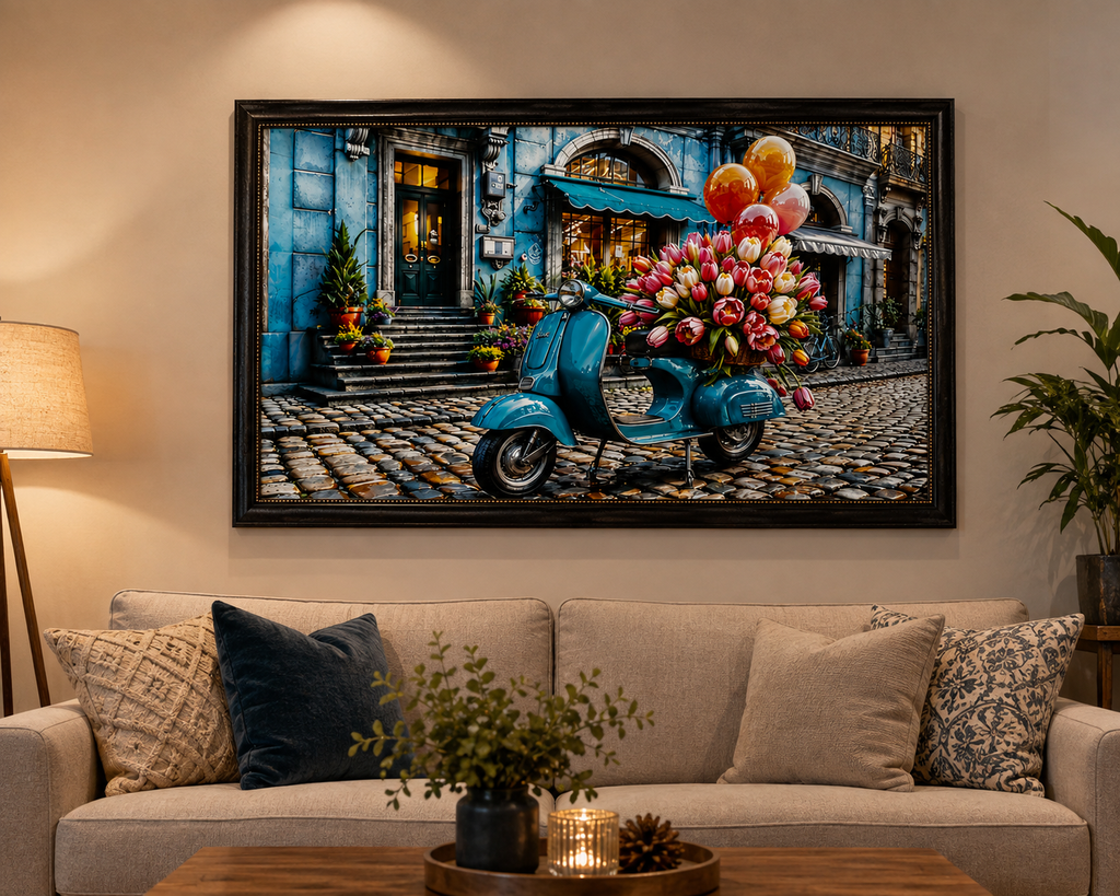 Framed Vintage Scooter & Floral Street Wall Painting