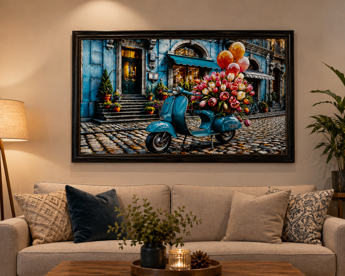 Framed Vintage Scooter & Floral Street Wall Painting