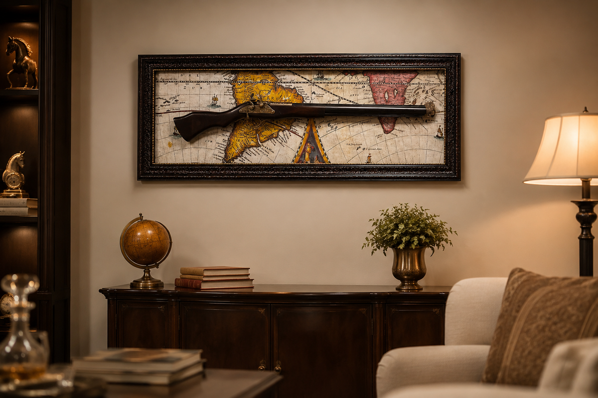 Vintage World Map & Antique Rifle Wall Décor