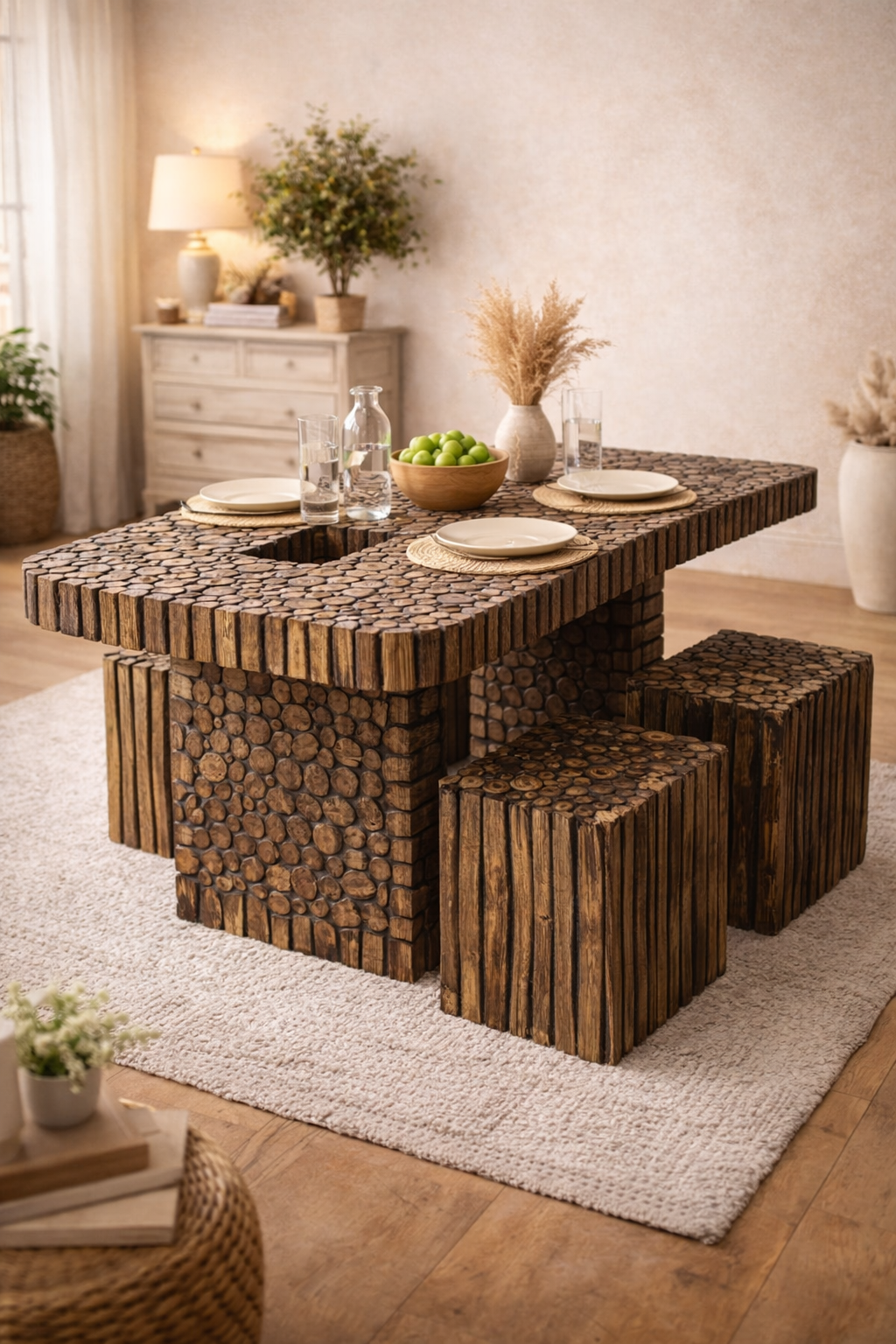Wooden Square Coffee Table With 4 Chair