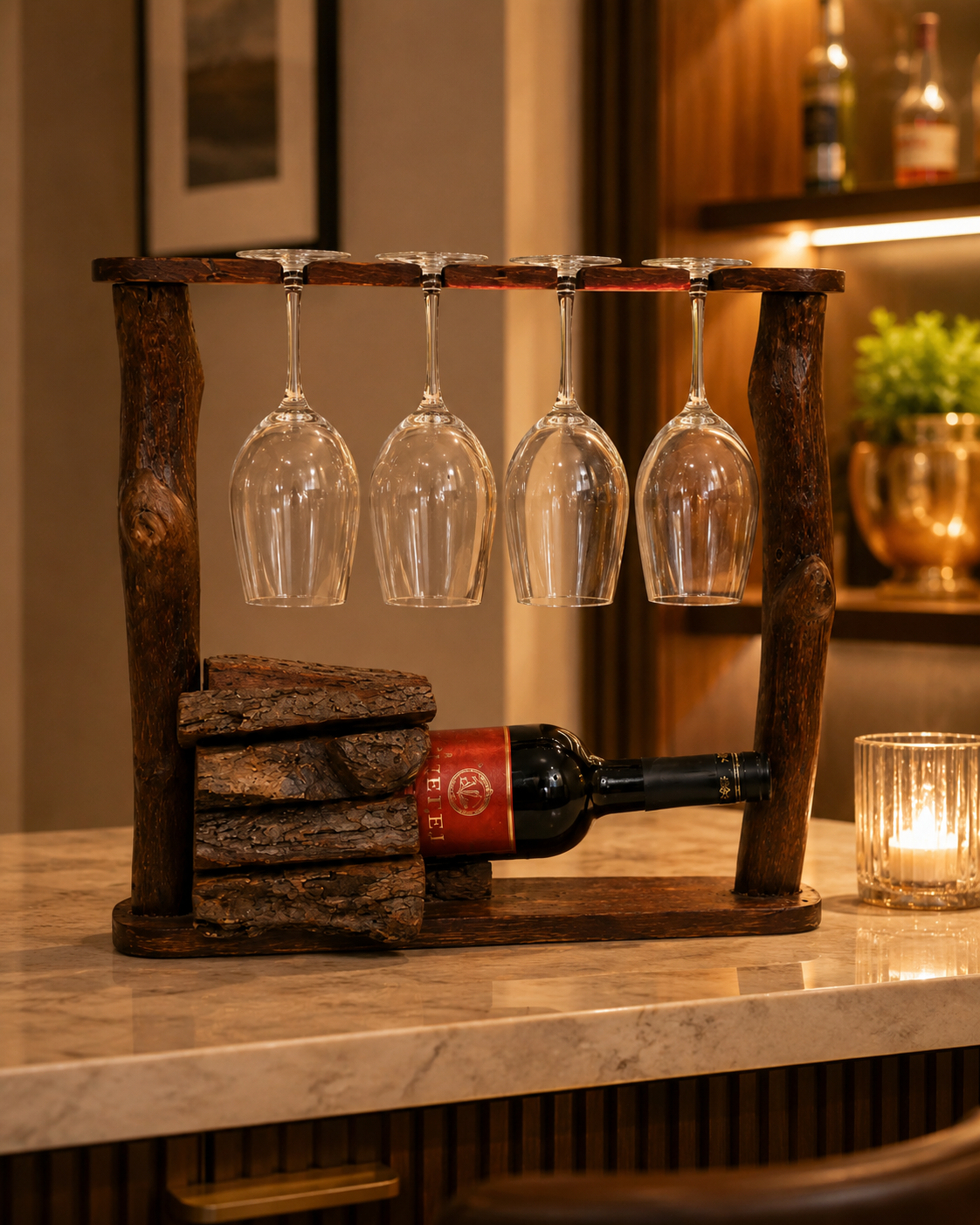 Wooden Wine Bottle And Glass Holder