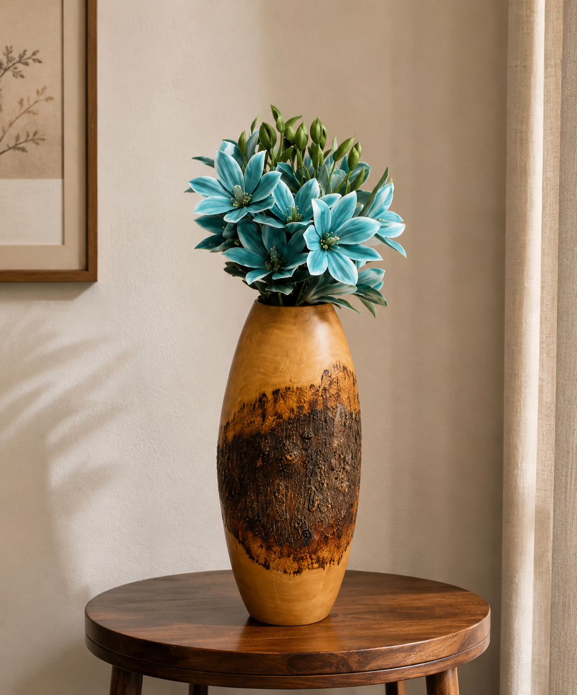 Rustic Wooden Vase with Blue Flowers