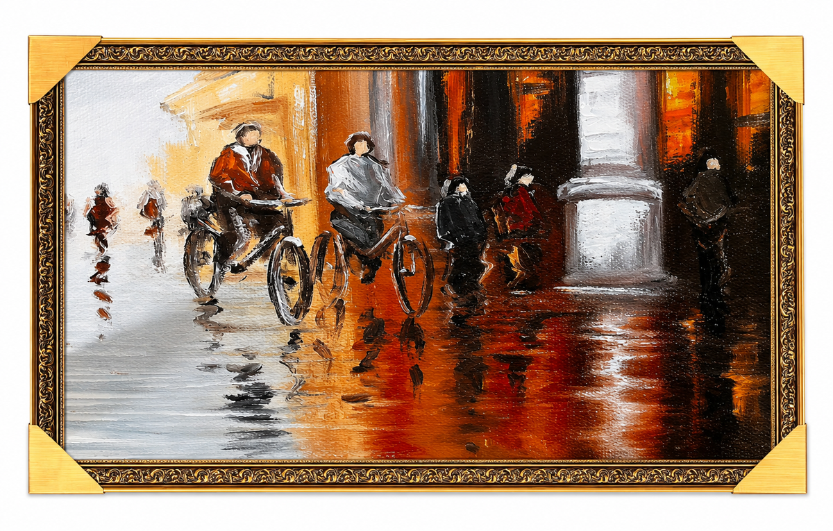 Framed Rainy City Street Oil Painting