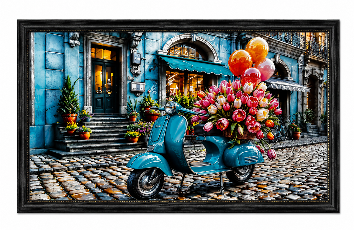 Framed Vintage Scooter & Floral Street Wall Painting