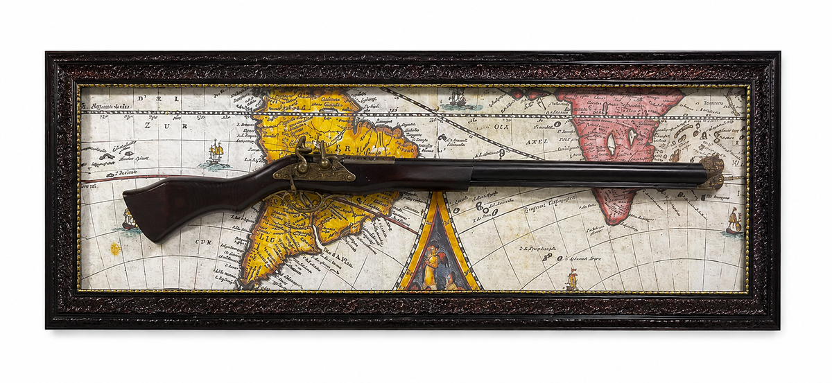 Vintage World Map & Antique Rifle Wall Décor