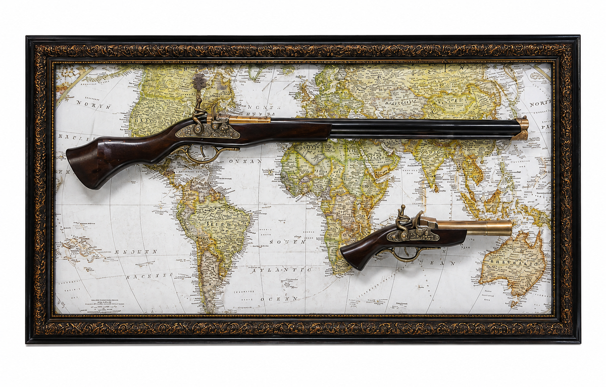 Vintage World Map & Antique Firearm Shadow Box
